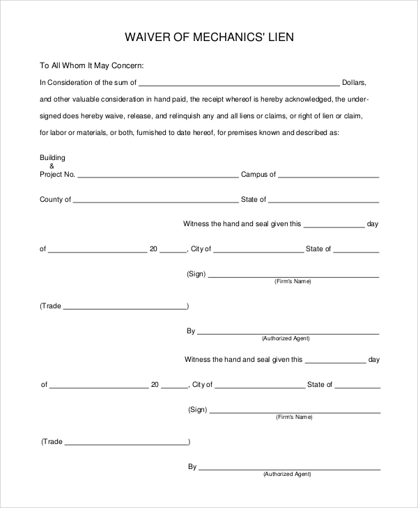 mechanics to how lien get Templates   9  Release Sample Forms Sample Lien