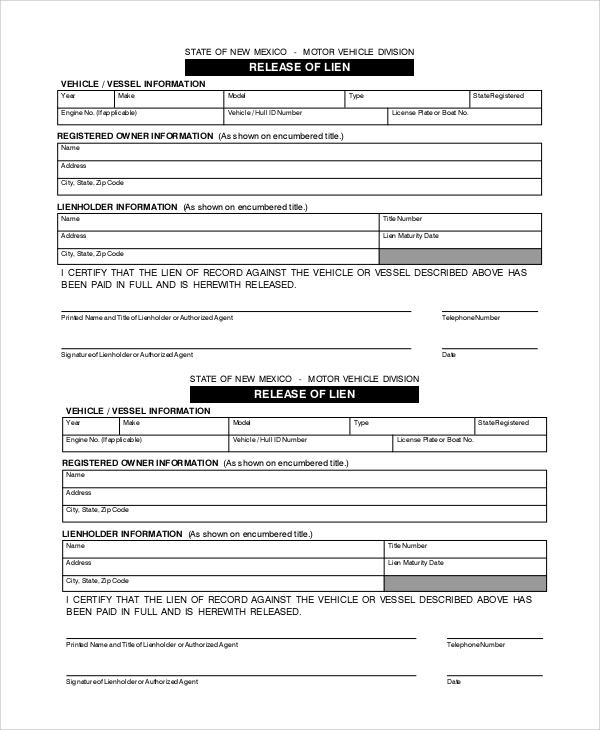 Printable Vehicle Release Form Auto Lien Release Request Letter Images