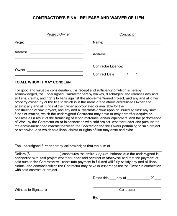 contractor release waiver of lien form