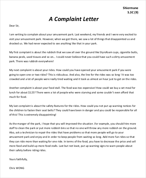 amusement park complaint letter