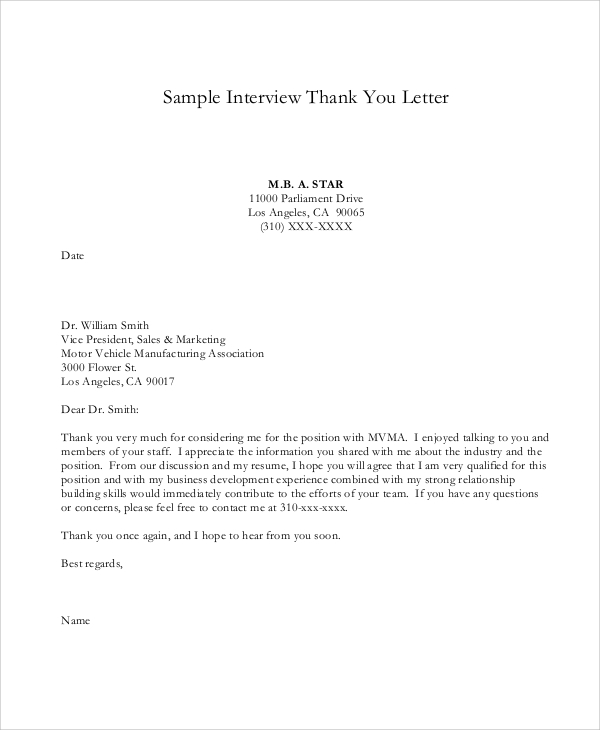 Free 7 Sample Thank You Letter After Interview In Pdf