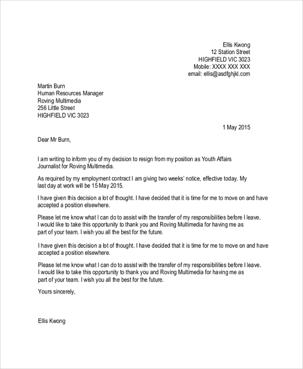 resignation letter sample 2 weeks notice