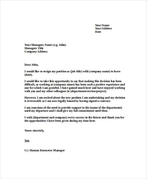 sample resignation letter with reason
