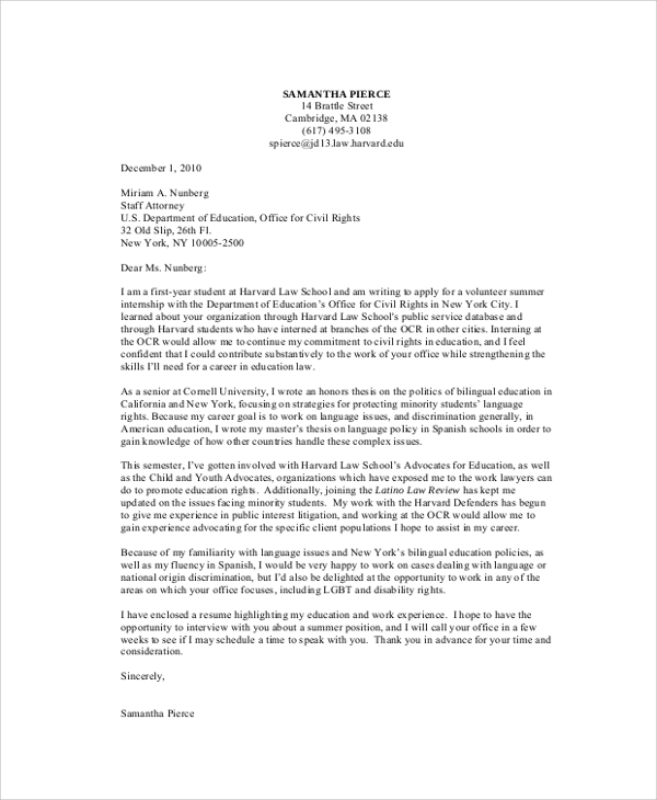 Sample Cover Letter Harvard Law School