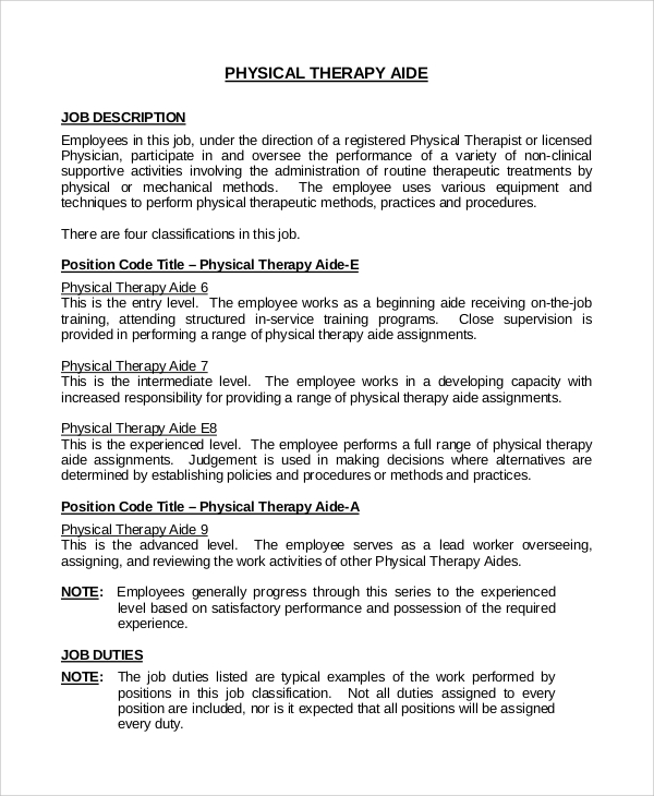 physical therapist aide job description