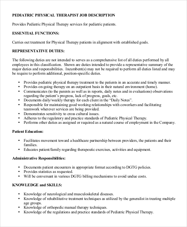 pediatric physical therapist job description