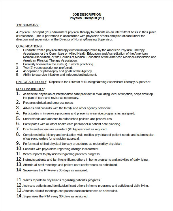 Free 9 Sample Physical Therapist Job Description Templates In Pdf Ms Word 