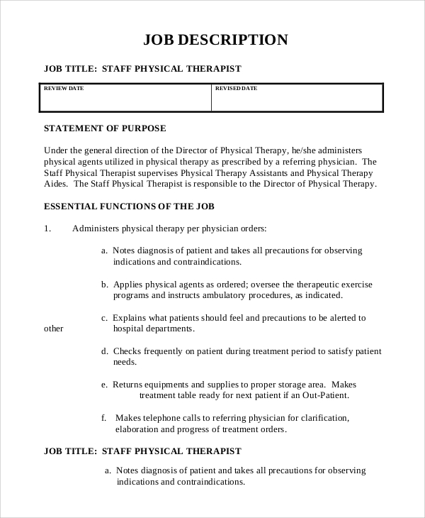 physical therapist staff job description