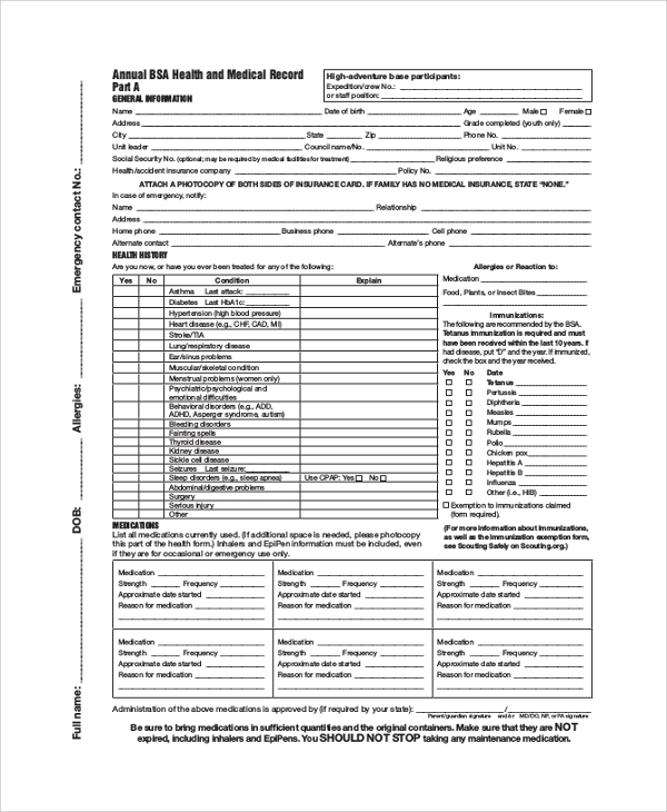 bsa medical and health record form