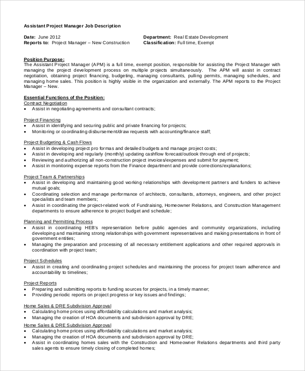 assistant project job description for resume