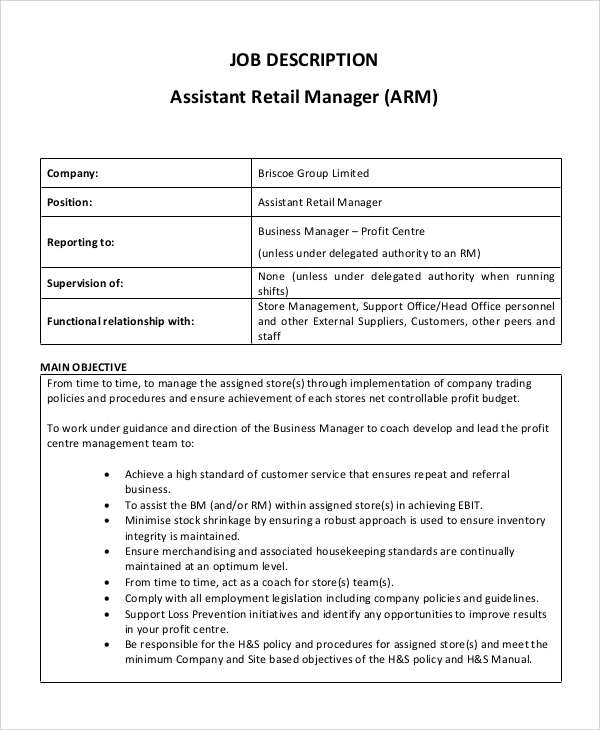 retail assistant manager job description