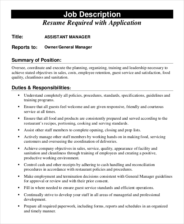 assistant general manager job description restaurant resume