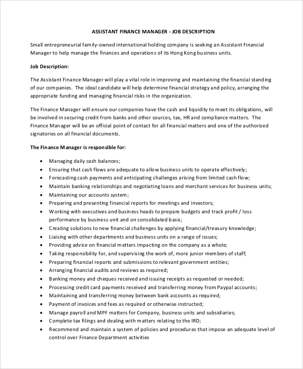 FREE 10+ Sample Assistant Manager Job Descriptions in PDF ...