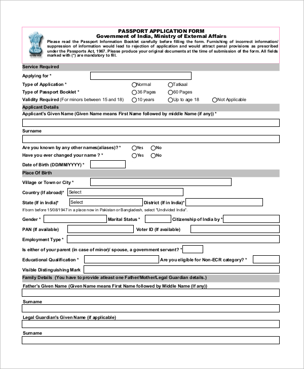 FREE 12 Passport Application Forms Samples Templates In PDF