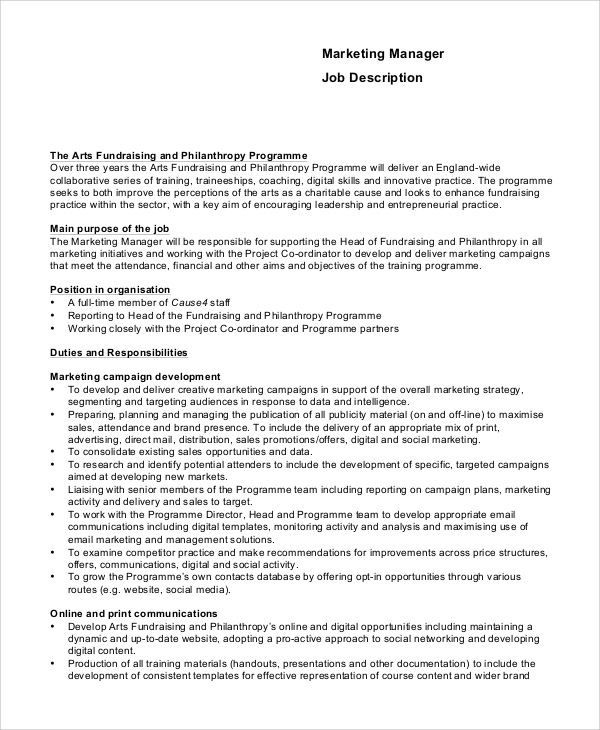 job description of marketing manager in education industry