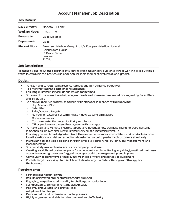 FREE 9+ Sample Manager Job Description Templates in PDF ...