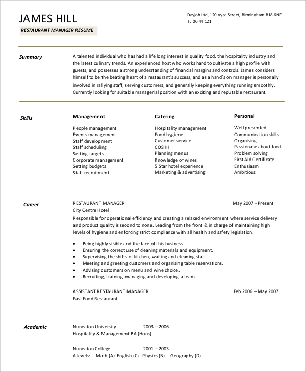 Sample Restaurant Manager Resume 7 Examples In Word PDF