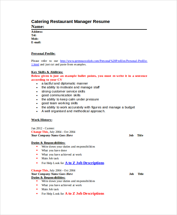 catering restaurant manager resume
