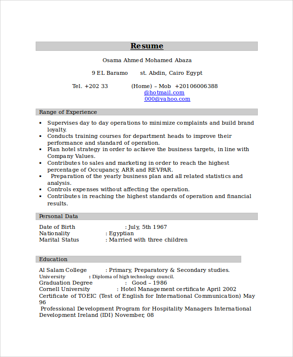 sample resume for hotel and restaurant management