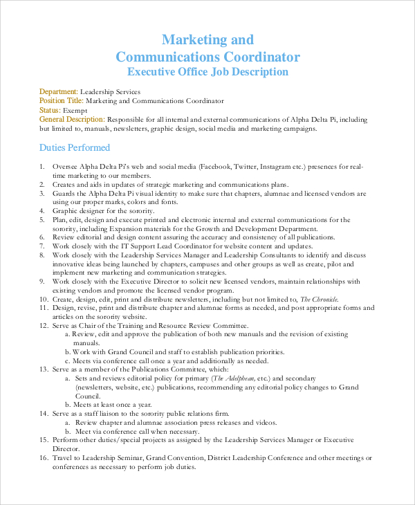 marketing communications coordinator job description