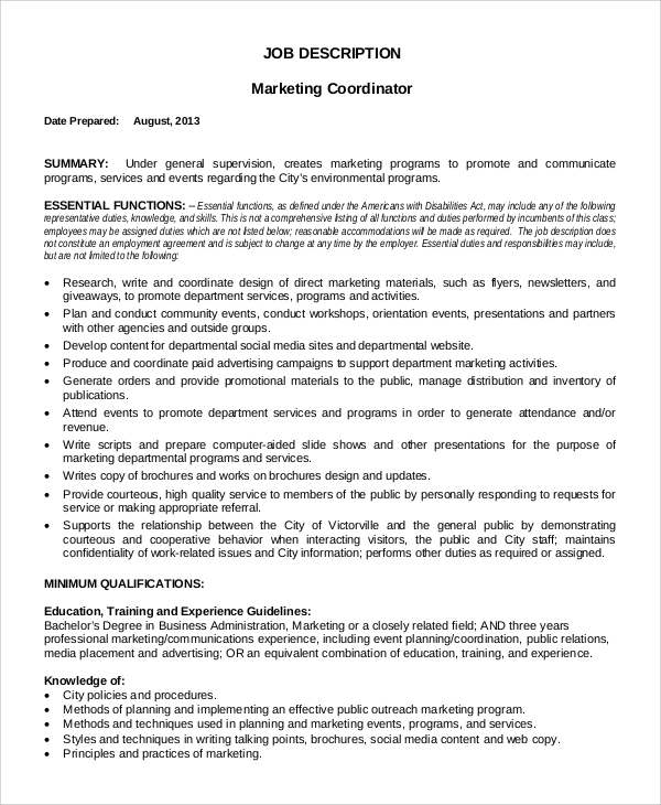 Business And Marketing Coordinator Job Description