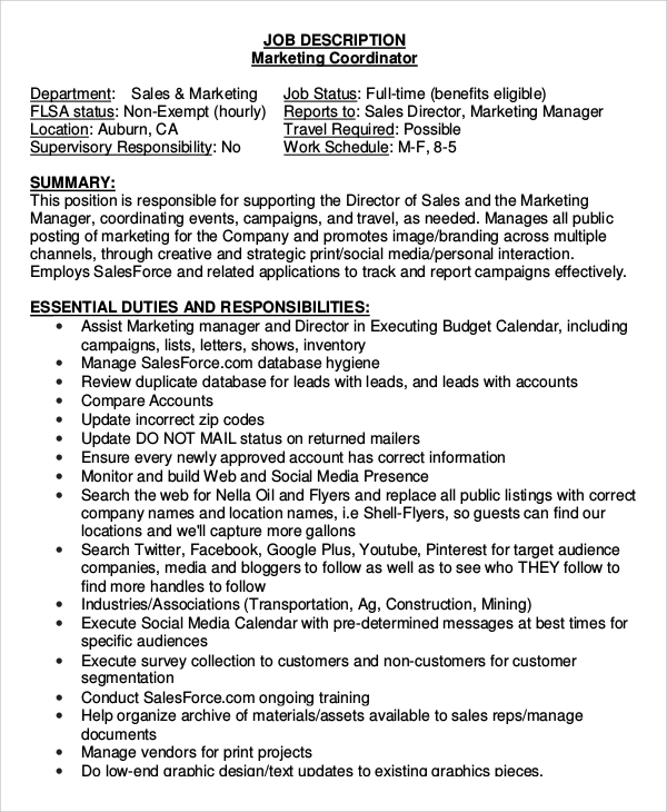 marketing coordinator job description