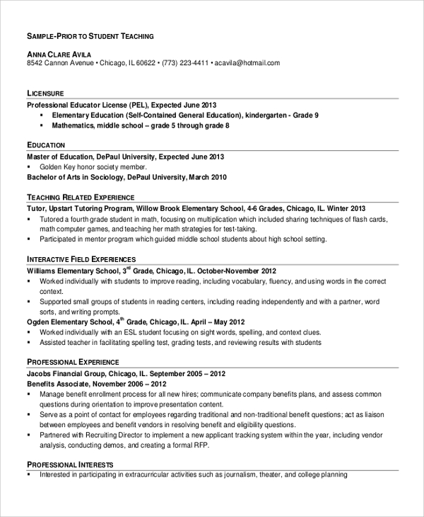 sample resume of teaching position
