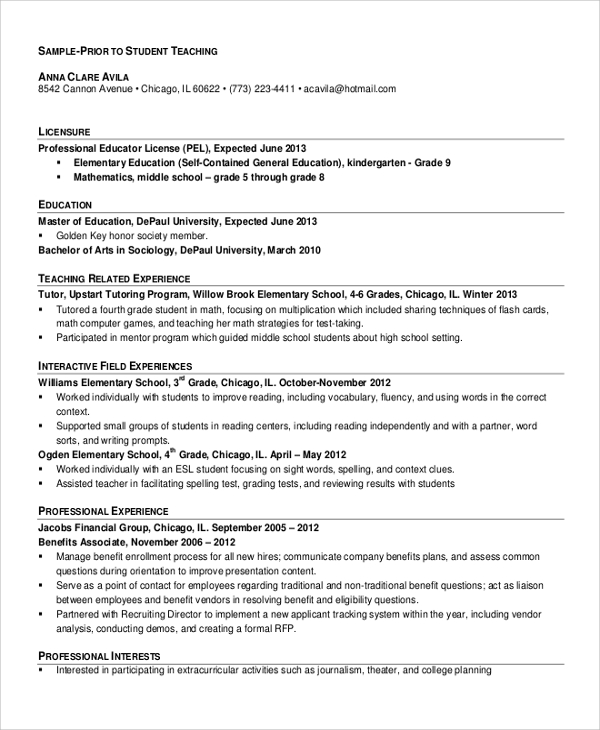 resume for teaching experience