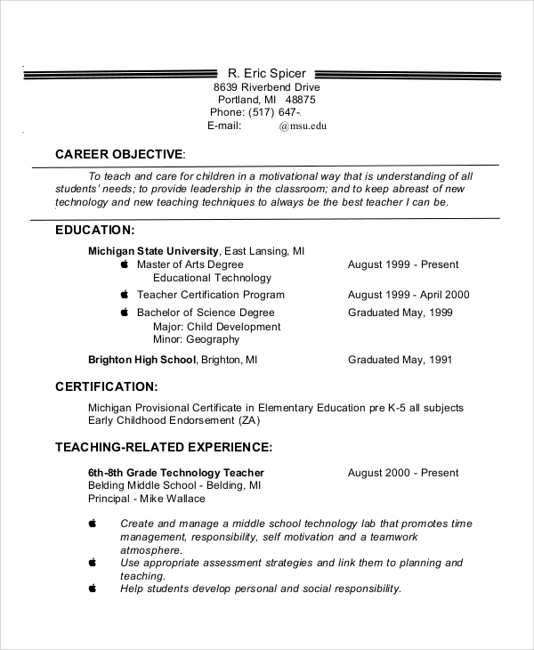 FREE 8 Sample Teaching Resume Templates In MS Word PDF