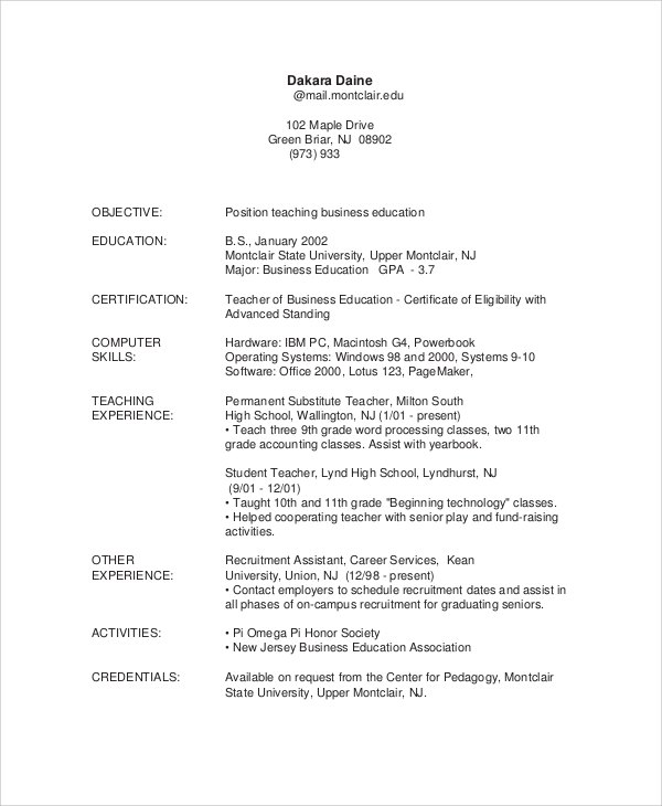 sample business teaching resume