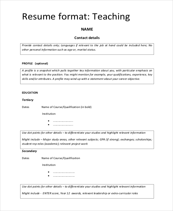 teaching resume format