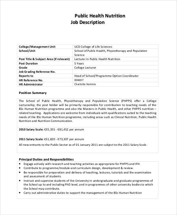 public health nutritionist job description