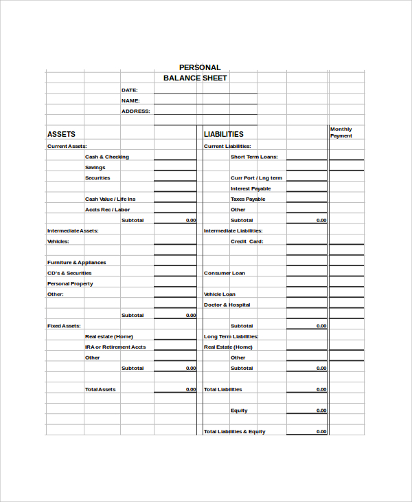 Personal Balance Sheet Excel Template 2267