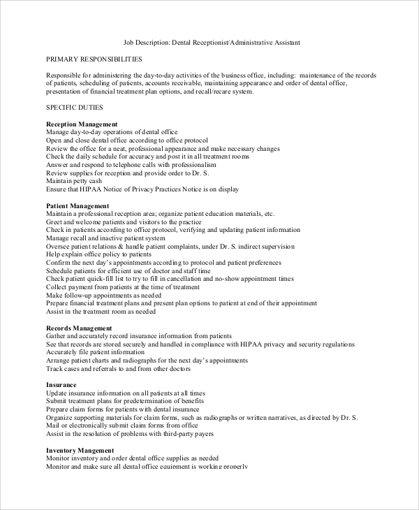 dental administrative assistant job description