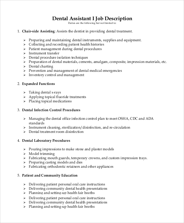 Washington states dental assistant job description