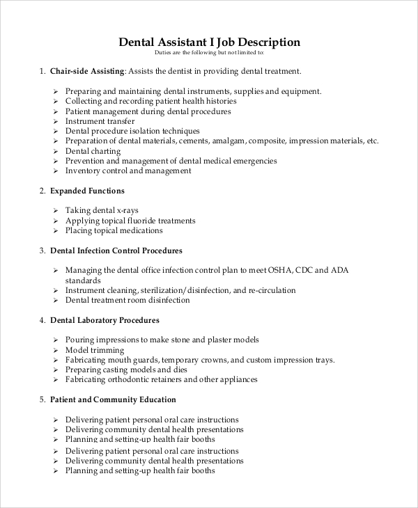 dental assistant job description sample