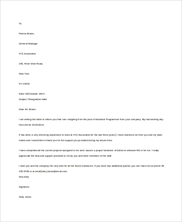 example of resignation letters 2 weeks notice