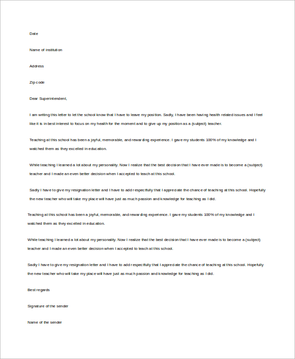 teacher resignation letter example