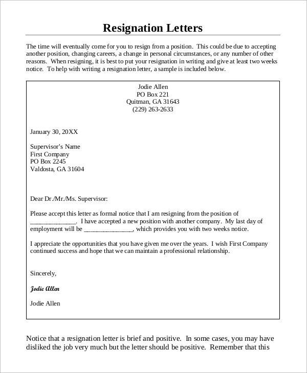 formal resignation letter example
