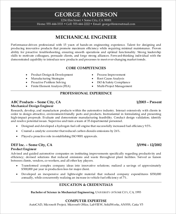 resume format mechanical engineer experienced