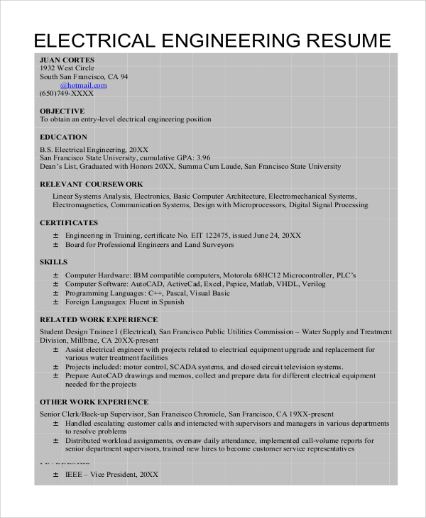 resume format for job engineering