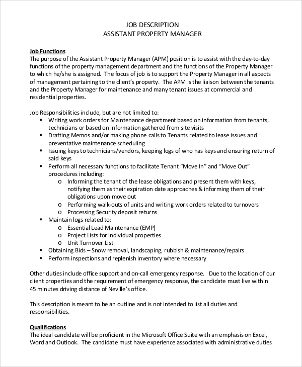 F B Manager Job Description   Assistant Property Manager Job Description 