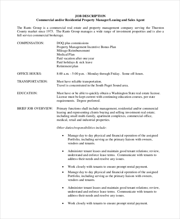 Free 9 Sample Property Manager Job Description Templates In Pdf Ms Word