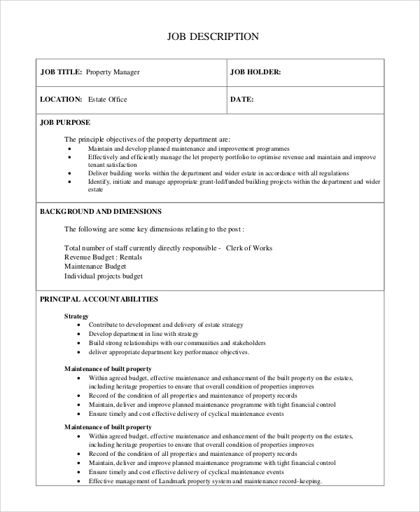 Free 9 Sample Property Manager Job Description Templates In Pdf Ms Word