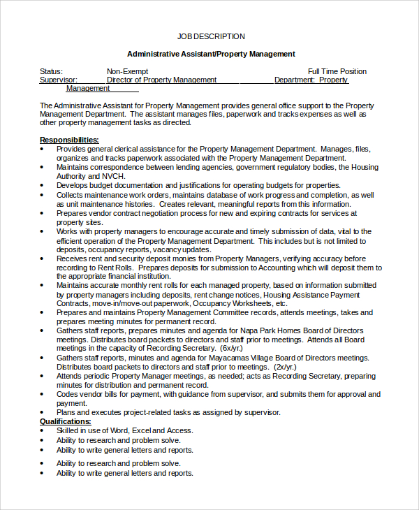 Property Management Administrative Assistant Job Description : Http Www Tfop Org Images Uploads Careerconnect Jll Brokerageassistantjobdescription2013 Pdf : Supports managers and employees through a variety of tasks related to organization and communication.