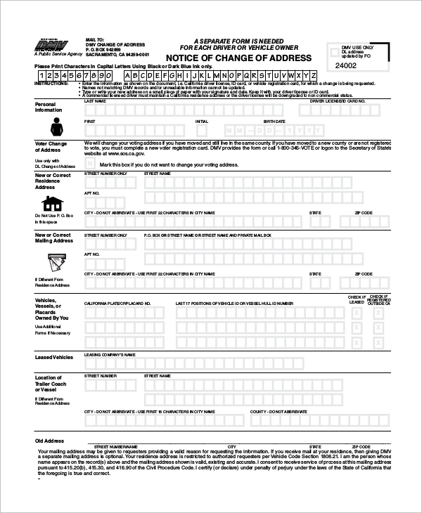 FREE 8 DMV Change Of Address Form Samples In PDF