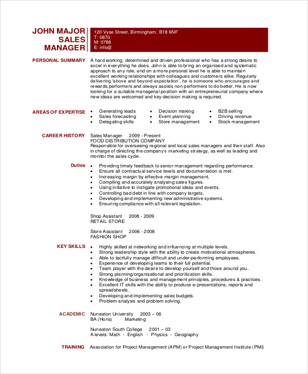 sales manager resume example