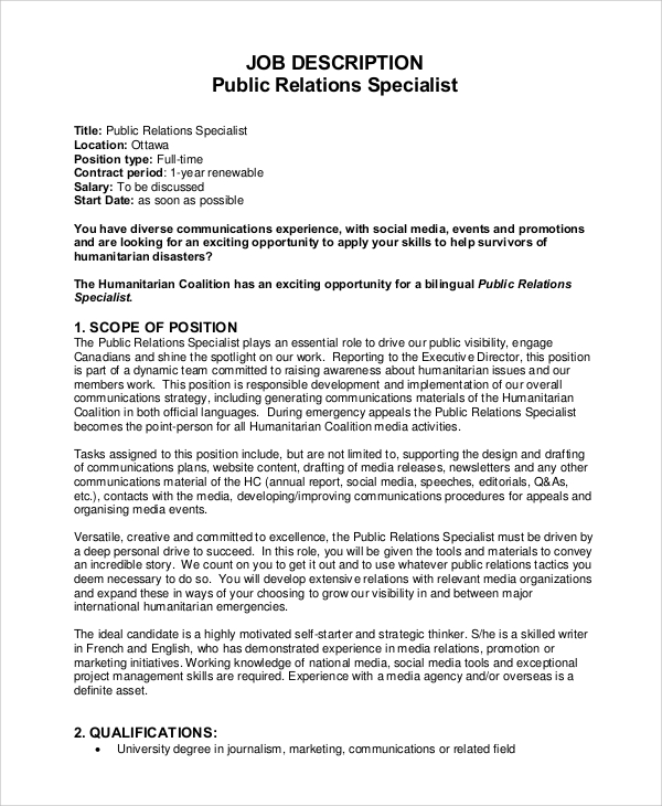 Sample Public Relations Job Description - 8+ Examples in 