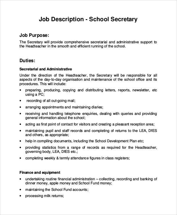 Job descriptions for secretaries