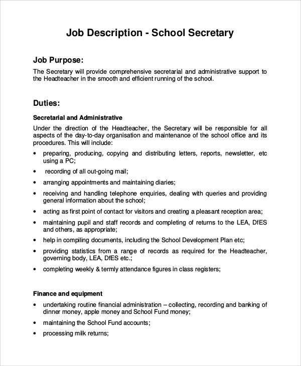 FREE 9+ Sample Secretary Job Description Templates in PDF ...